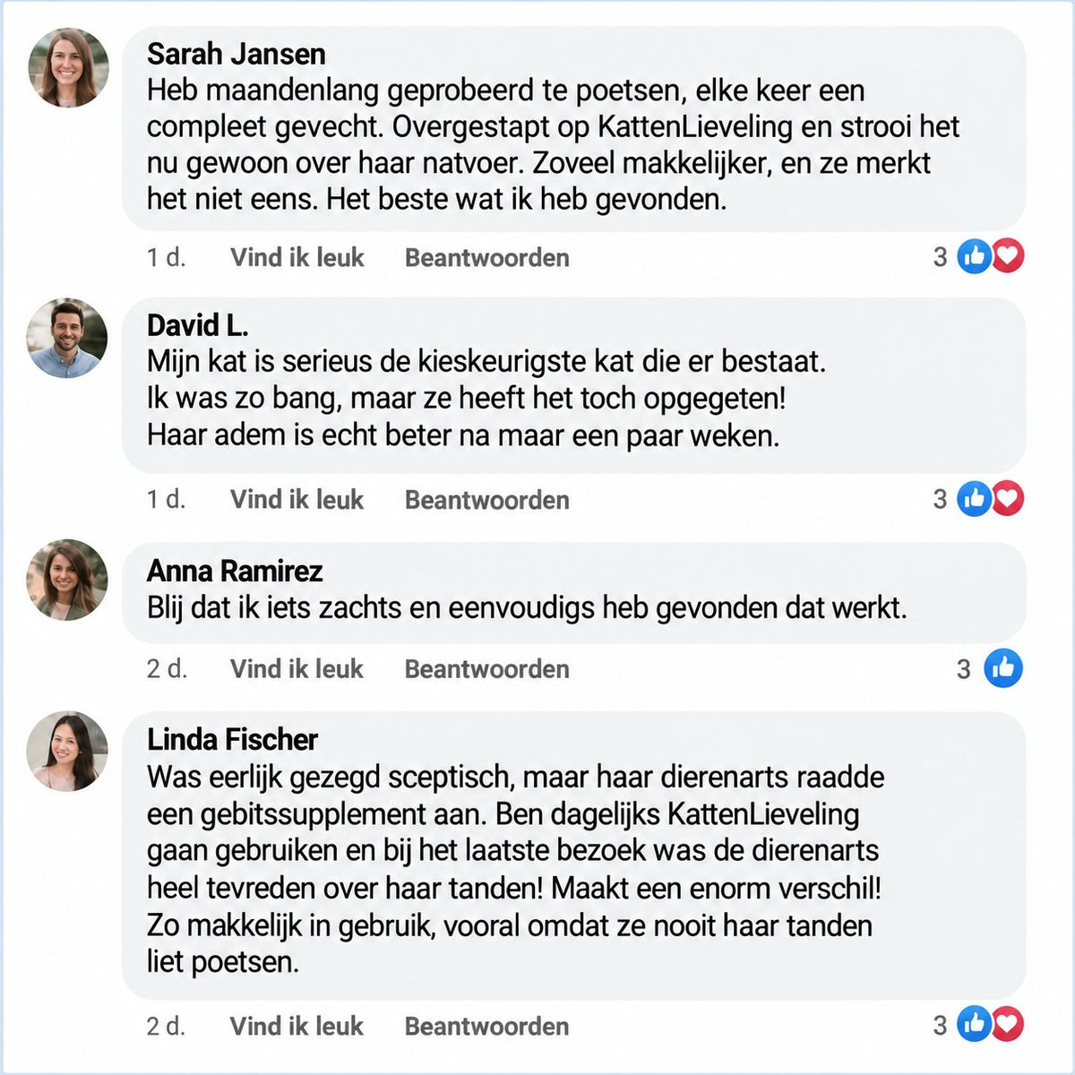 Facebook-reacties van kattenbezitters over hun ervaringen met KattenLieveling tandpoeder