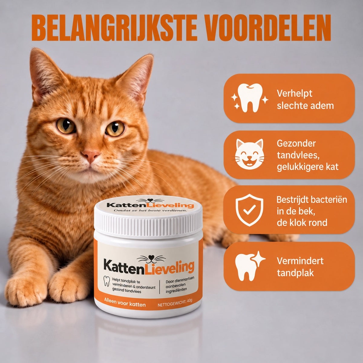 Belangrijkste voordelen van KattenLieveling: minder slechte adem, gezonder tandvlees, minder tandplak
