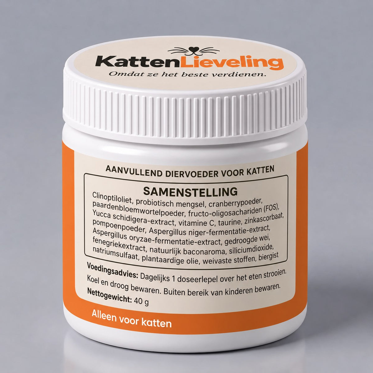 Achterkant van de KattenLieveling-pot: samenstelling, voedingsadvies, nettogewicht 40 g