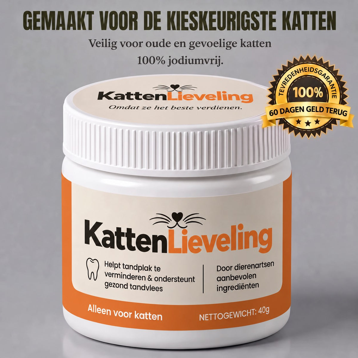 KattenLieveling tandpoeder voor katten, pot van 40 g met 60 dagen geld-terug-garantie