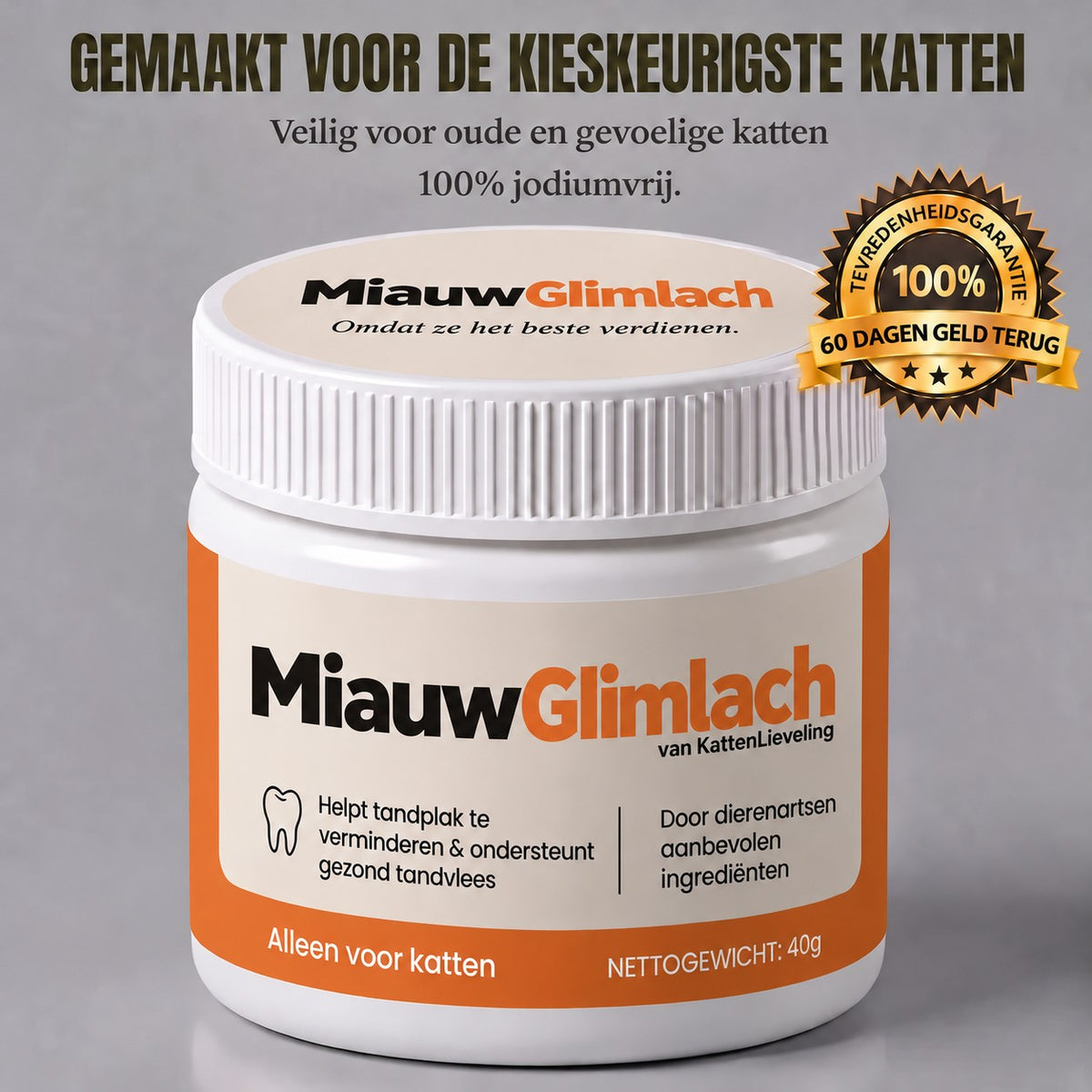 MiauwGlimlach tandpoeder voor katten, pot van 40 g met 60 dagen geld-terug-garantie